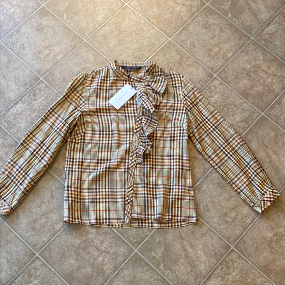 Zara Plaid Ruffle Blouse in Brown and Cream
